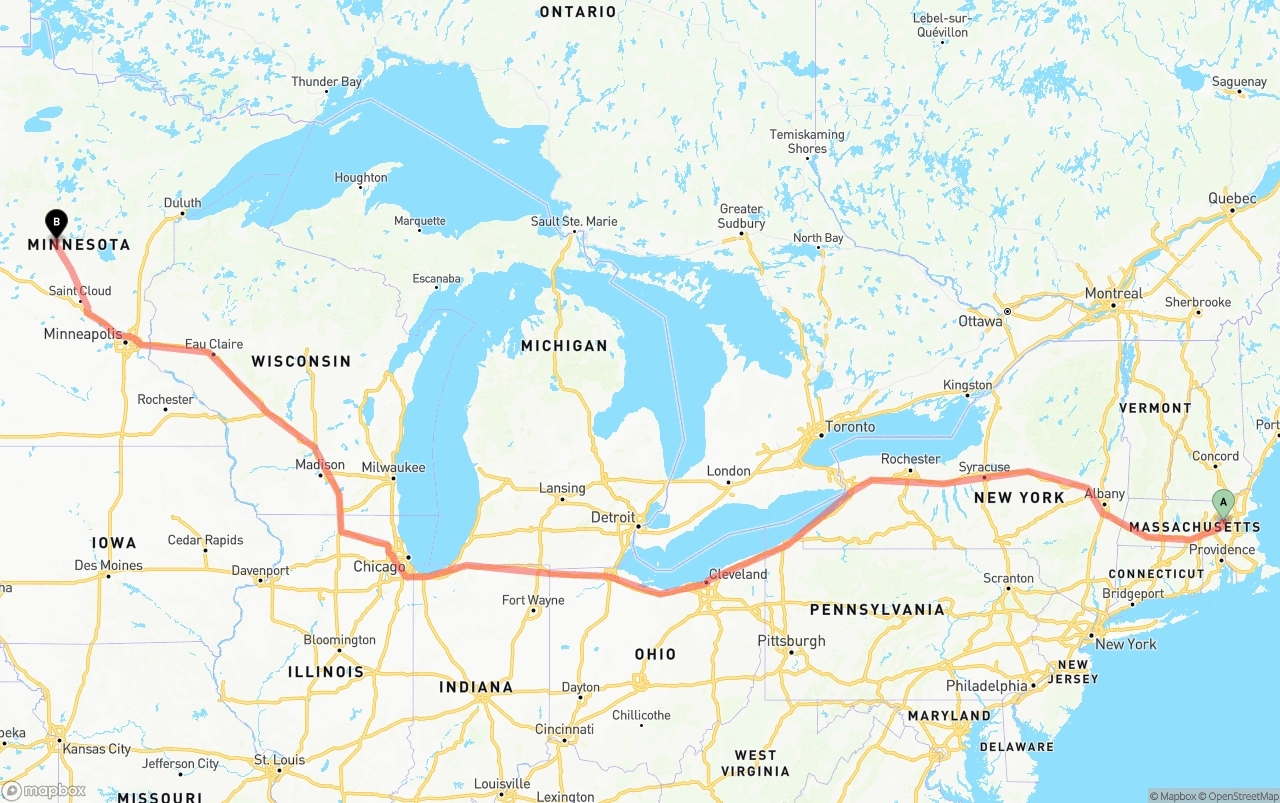 Shipping route from Massachusetts to Minnesota