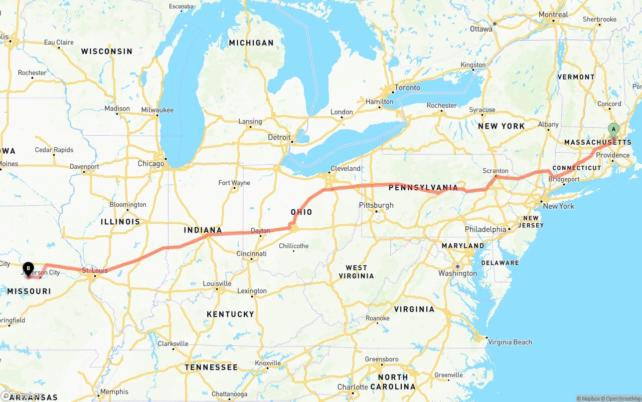 Shipping route from Massachusetts to Missouri