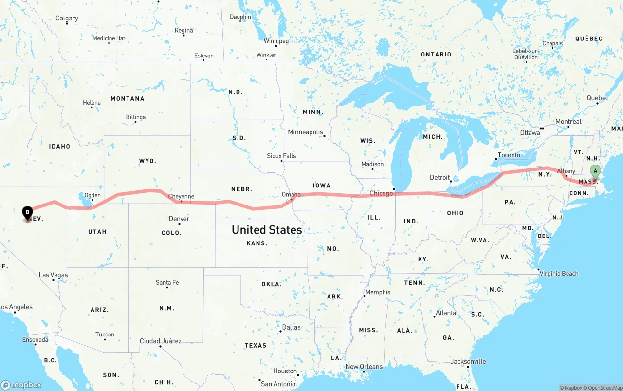 Shipping route from Massachusetts to Nevada