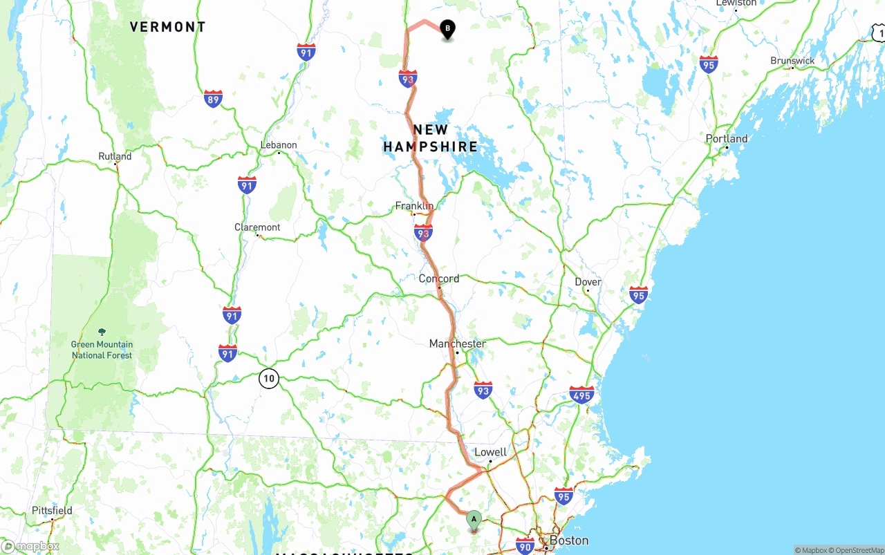 Shipping route from Massachusetts to New Hampshire