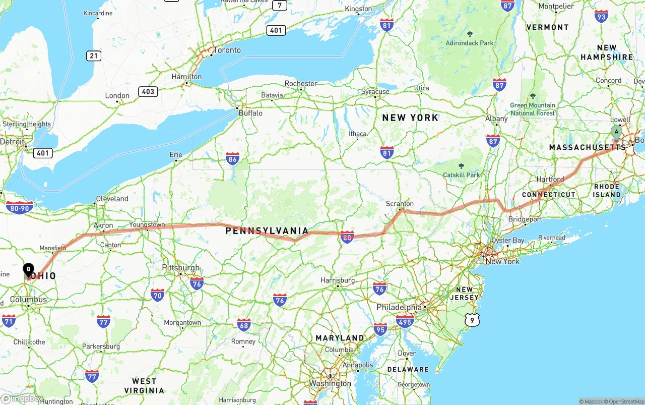 Shipping route from Massachusetts to Ohio