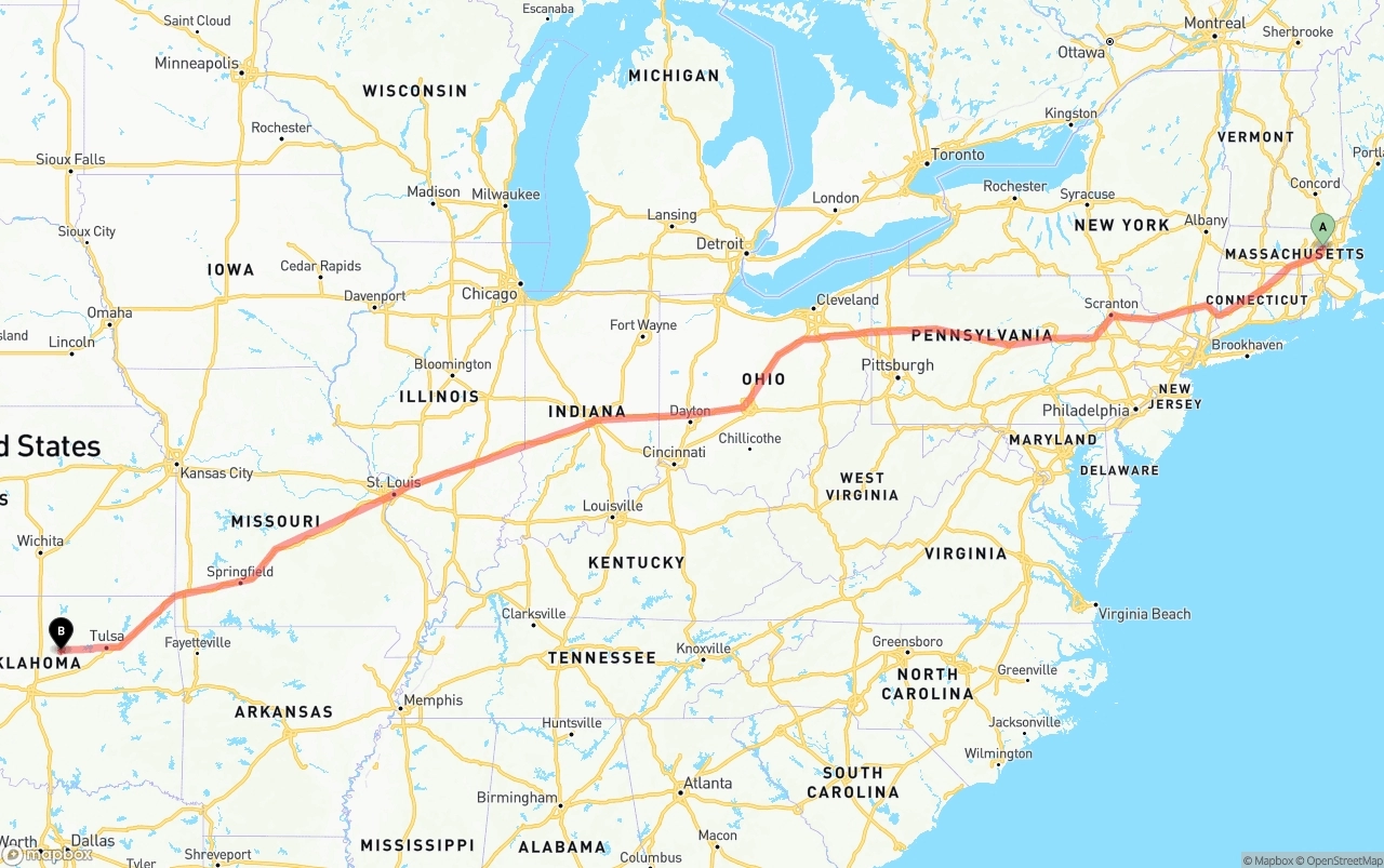 Shipping route from Massachusetts to Oklahoma