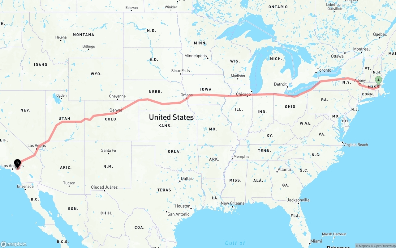 Shipping route from Massachusetts to Ontario International Airport