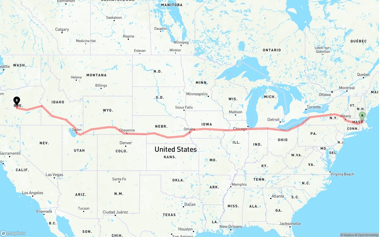 Shipping route from Massachusetts to Oregon
