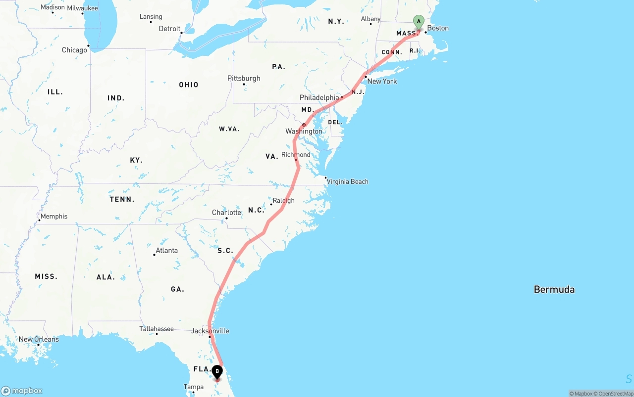 Shipping route from Massachusetts to Orlando International Airport