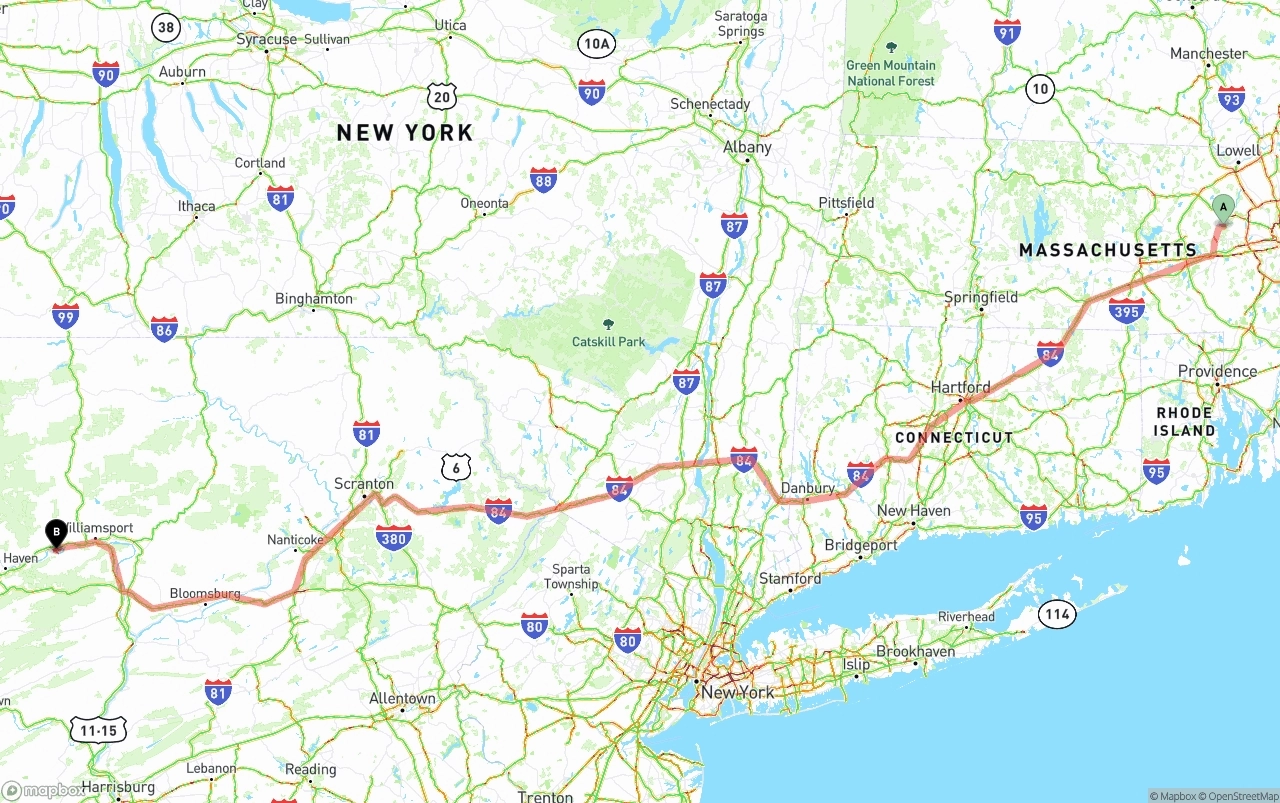 Shipping route from Massachusetts to Pennsylvania