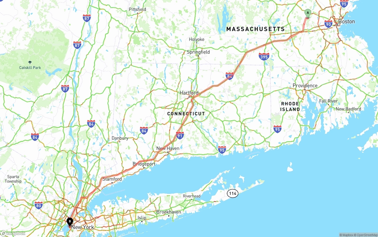 Shipping route from Massachusetts to Port of New York