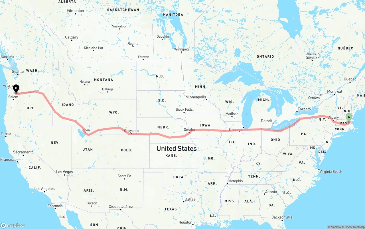 Shipping route from Massachusetts to Portland International Airport