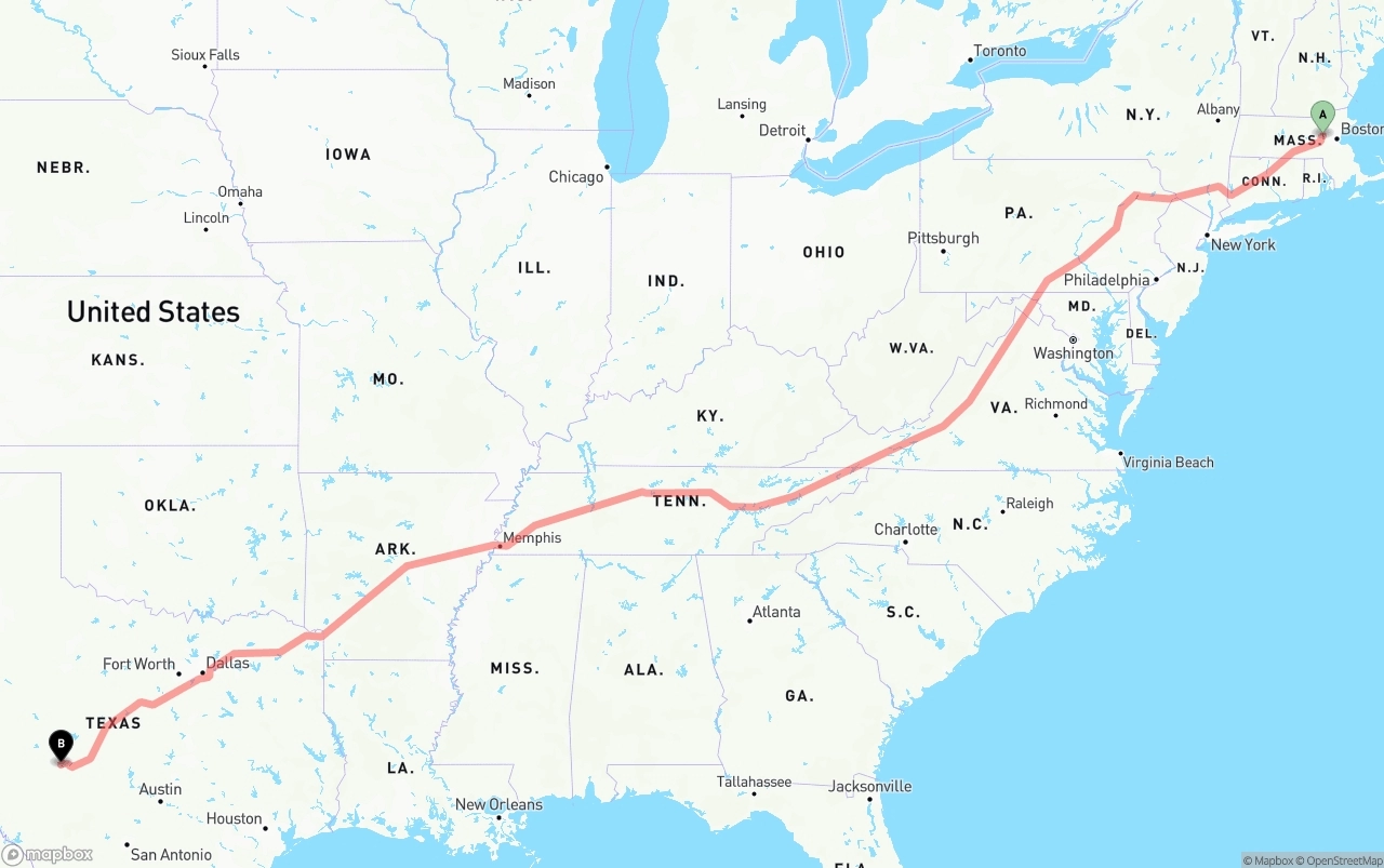Shipping route from Massachusetts to Texas