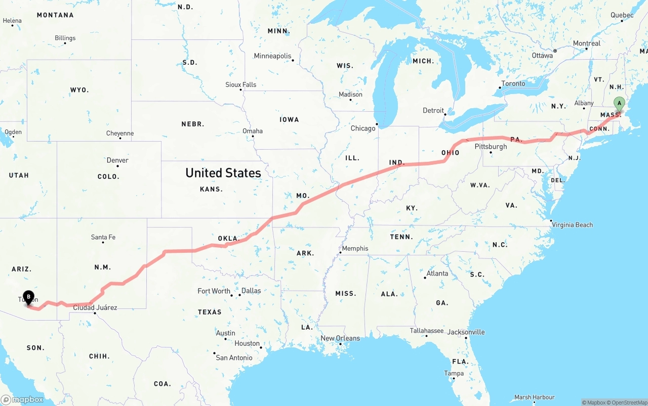 Shipping route from Massachusetts to Tucson International Airport