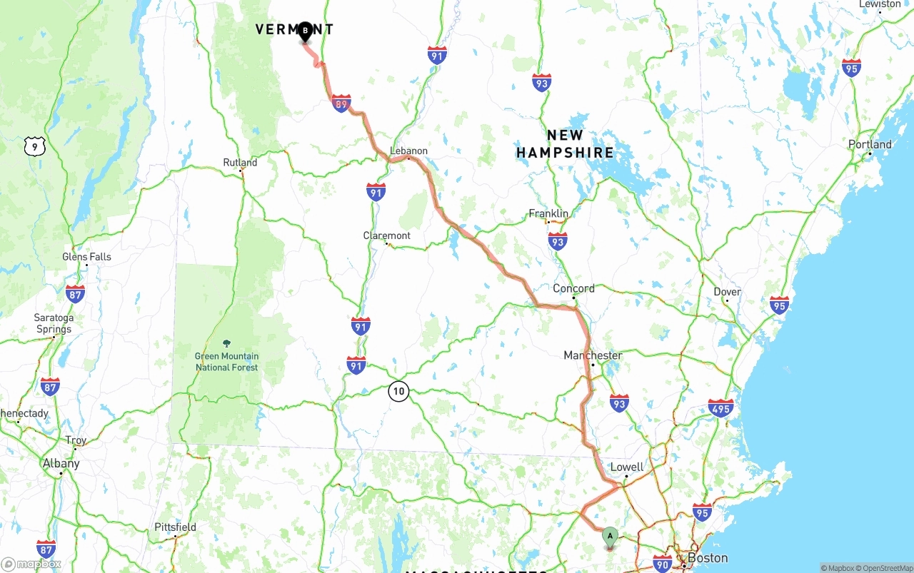 Shipping route from Massachusetts to Vermont