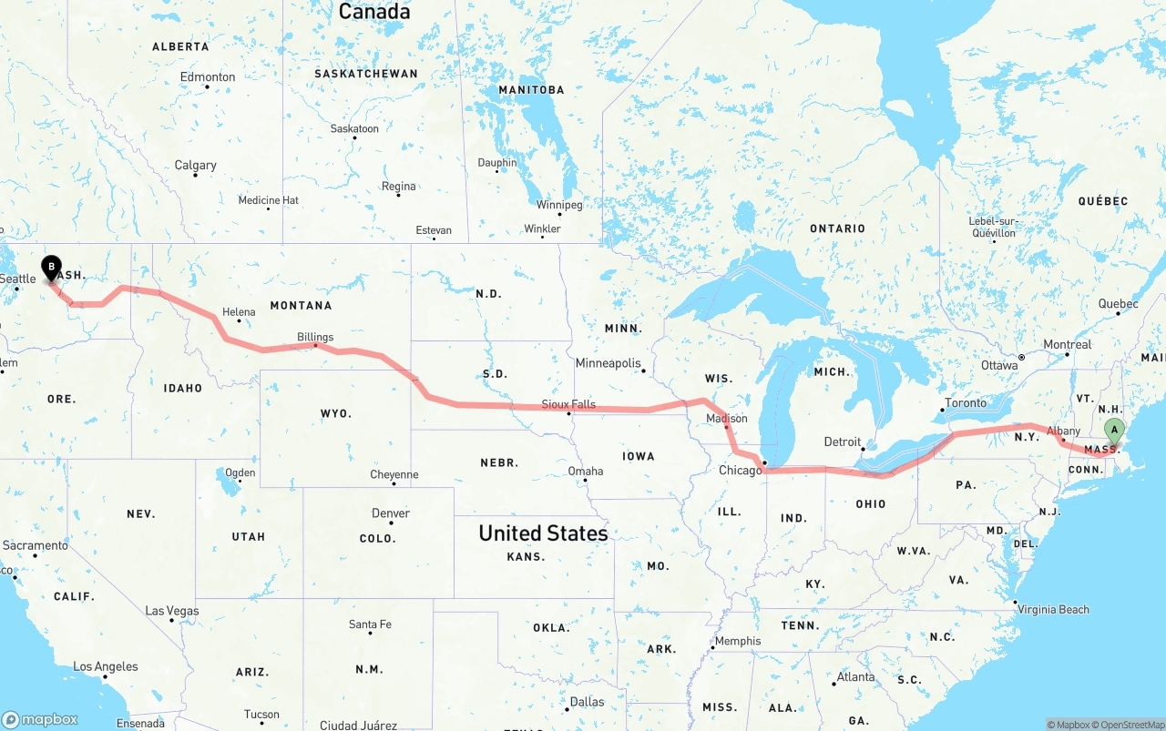 Shipping route from Massachusetts to Washington