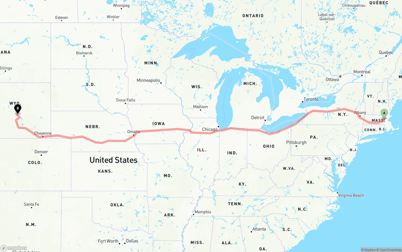 Shipping route from Massachusetts to Wyoming