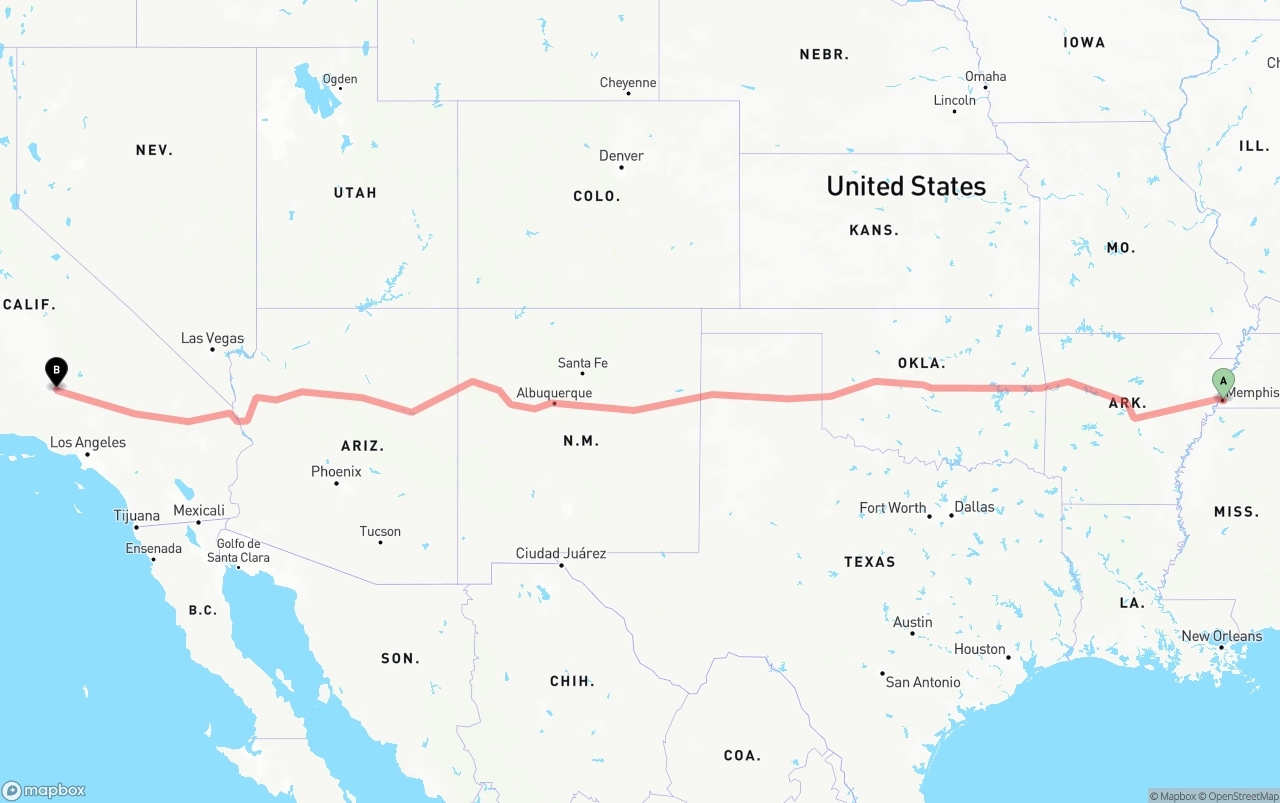 Shipping route from Memphis to Bakersfield