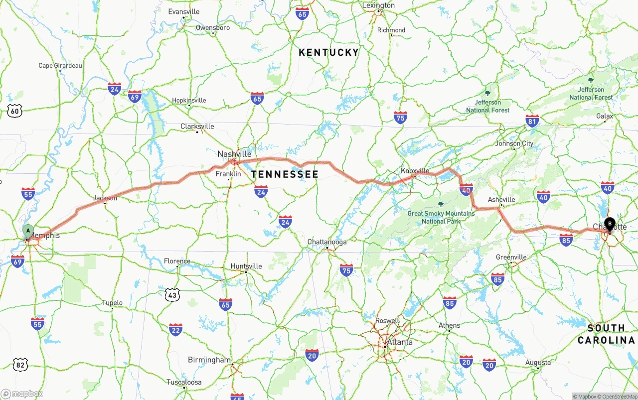 Shipping route from Memphis to Charlotte