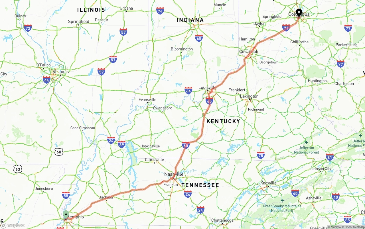 Shipping route from Memphis to Columbus