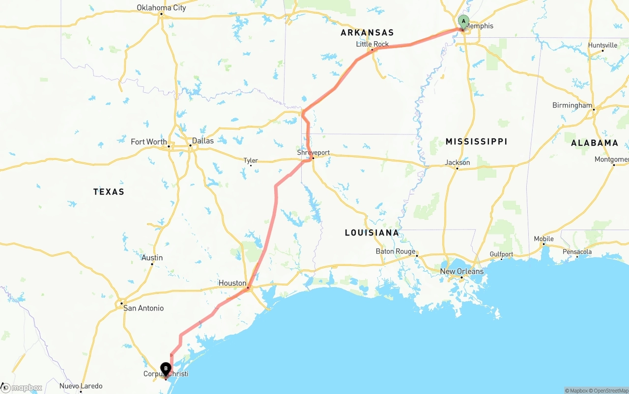 Shipping route from Memphis to Corpus Christi