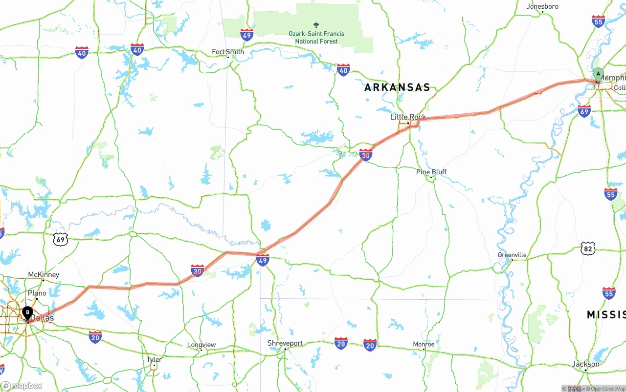 Shipping route from Memphis to Dallas