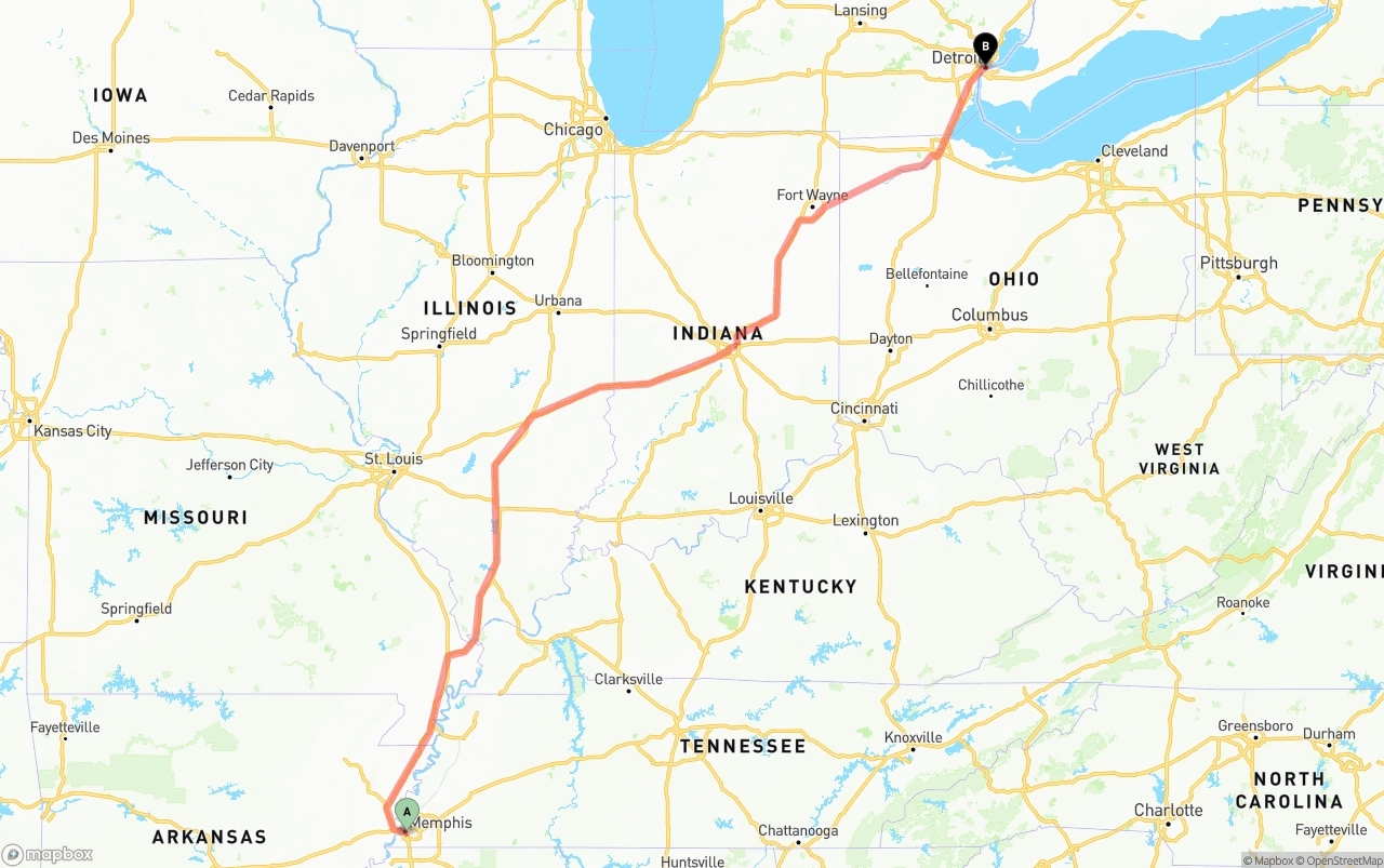 Shipping route from Memphis to Detroit