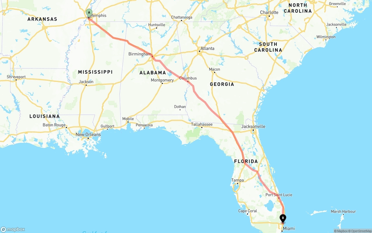 Shipping route from Memphis to Ft. Lauderdale