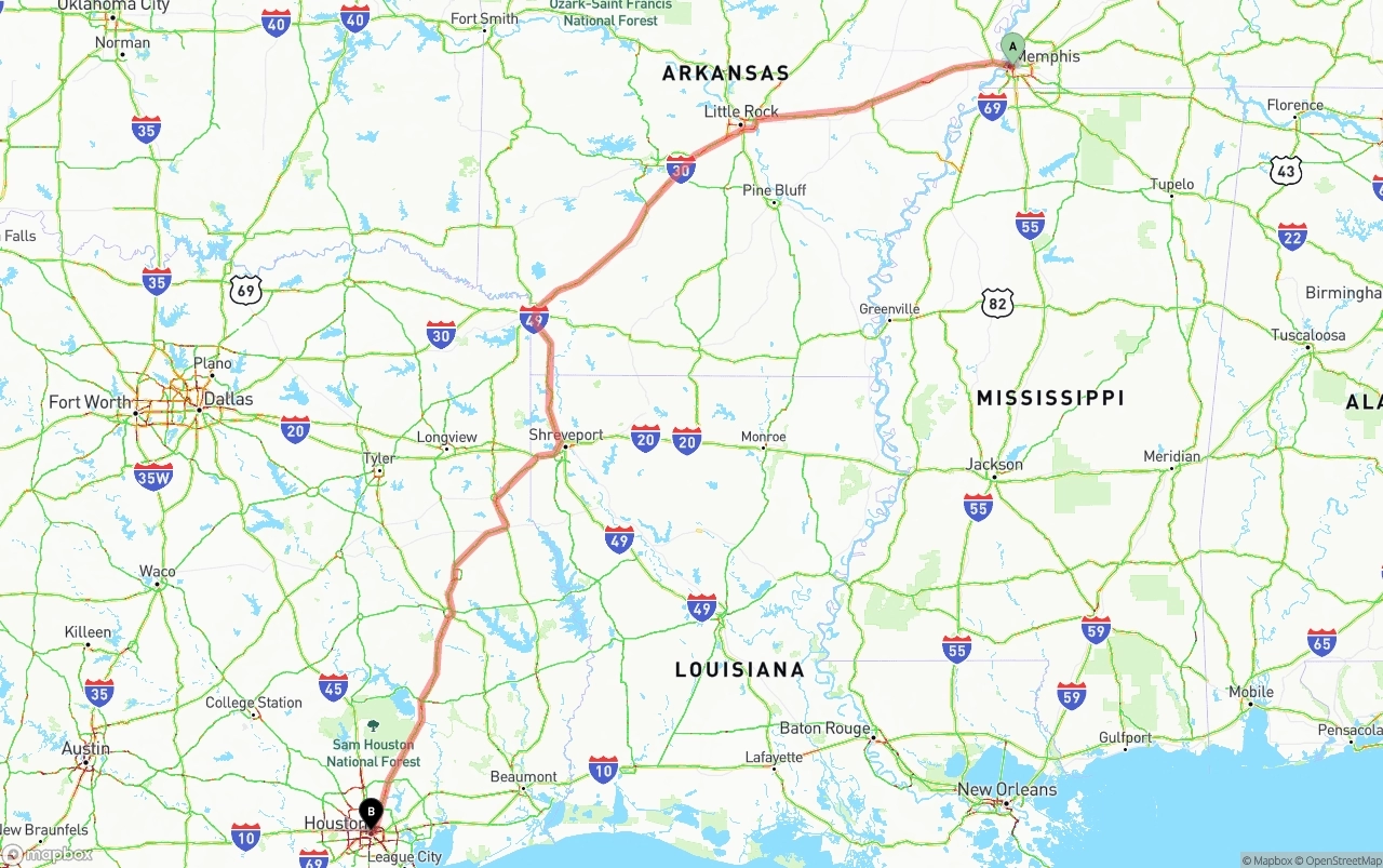 Shipping route from Memphis to Houston