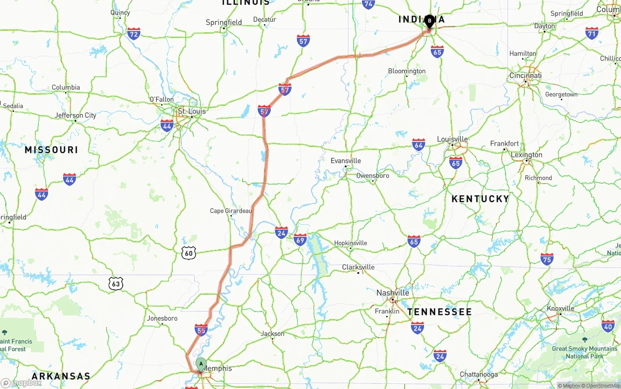 Shipping route from Memphis to Indianapolis