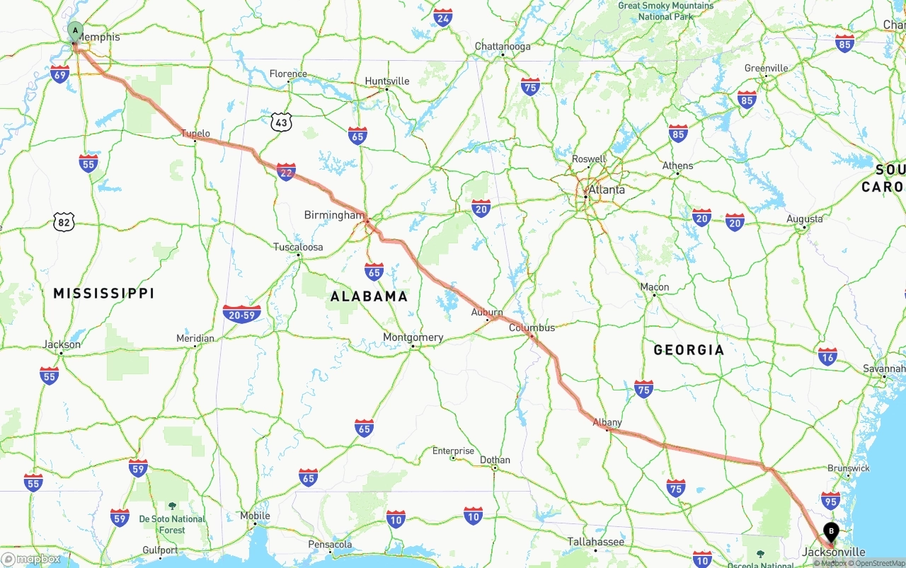 Shipping route from Memphis to Jacksonville International Airport