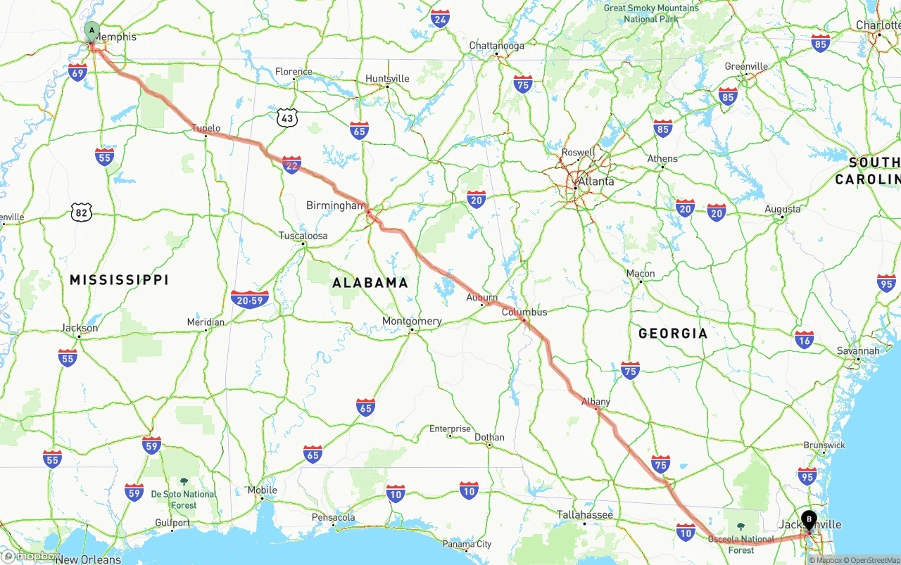 Shipping route from Memphis to Jacksonville