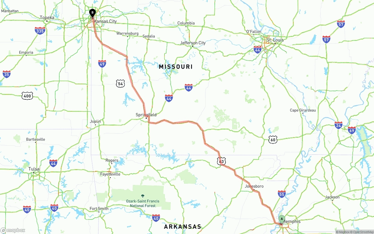 Shipping route from Memphis to Kansas City