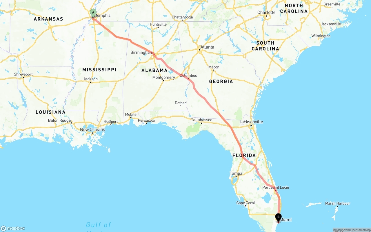 Shipping route from Memphis to Miami