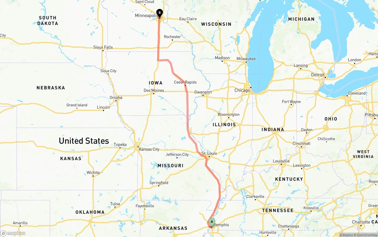 Shipping route from Memphis to Minneapolis