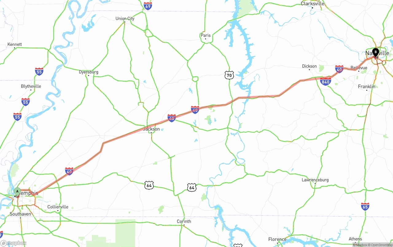 Shipping route from Memphis to Nashville