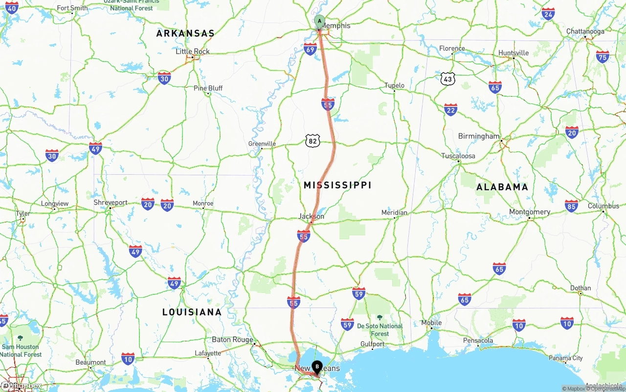 Shipping route from Memphis to New Orleans
