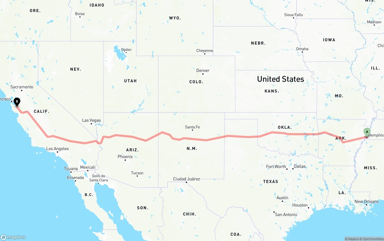 Shipping route from Memphis to Norman Y. Mineta San Jose International Airport