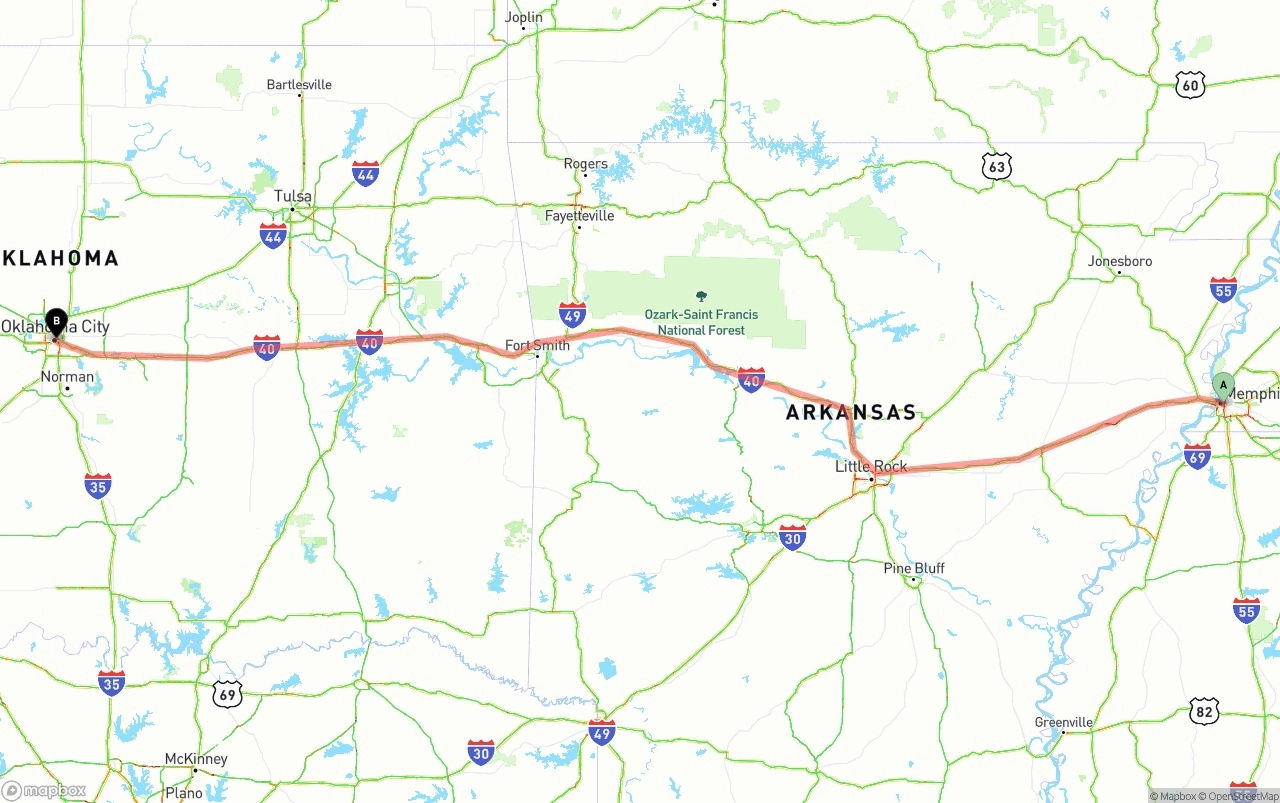 Shipping route from Memphis to Oklahoma City