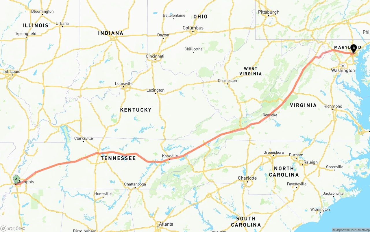 Shipping route from Memphis to Port of Baltimore