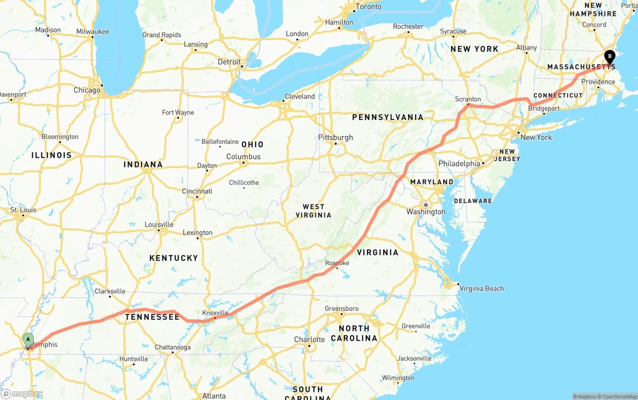 Shipping route from Memphis to Port of Boston