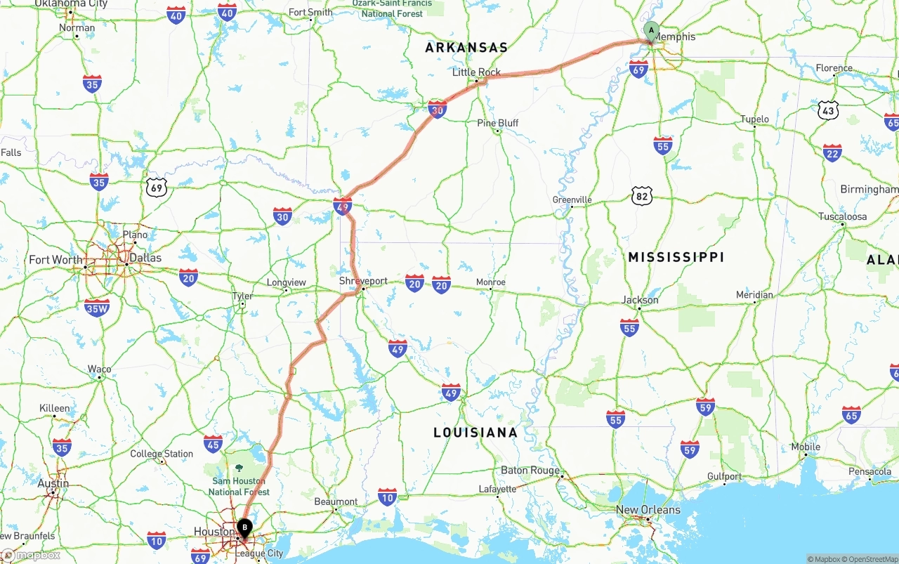 Shipping route from Memphis to Port of Houston