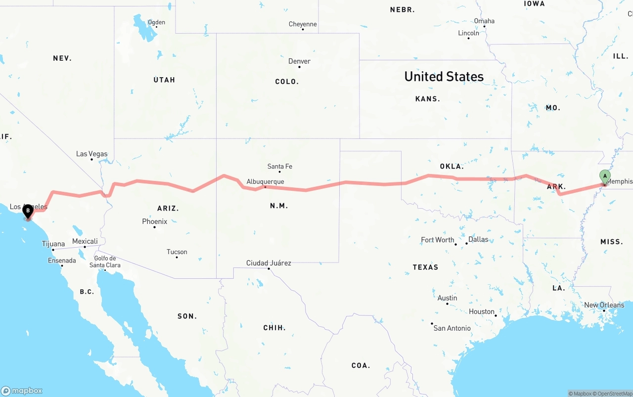 Shipping route from Memphis to Port of Los Angeles