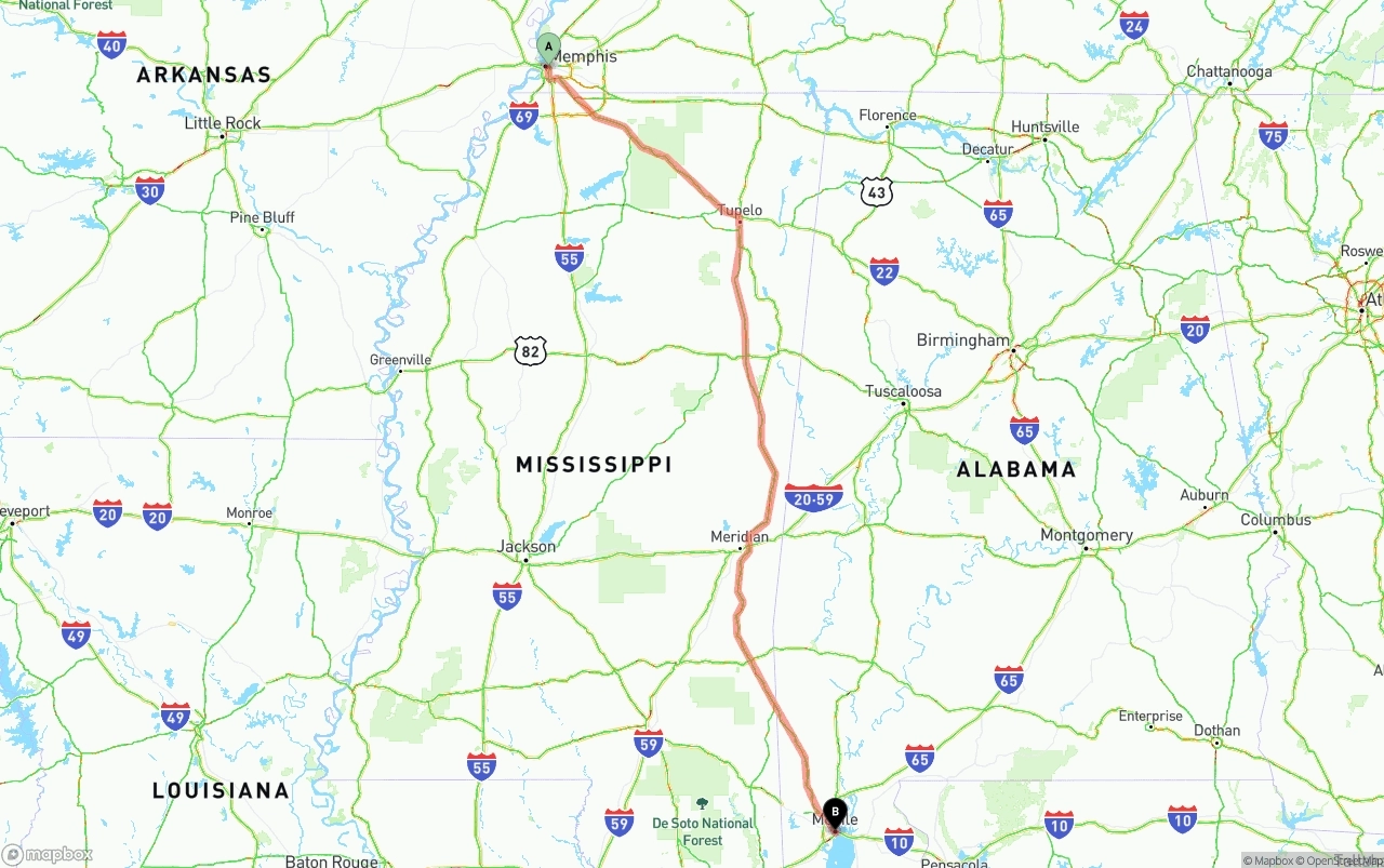 Shipping route from Memphis to Port of Mobile