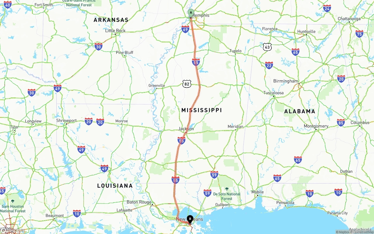 Shipping route from Memphis to Port of New Orleans