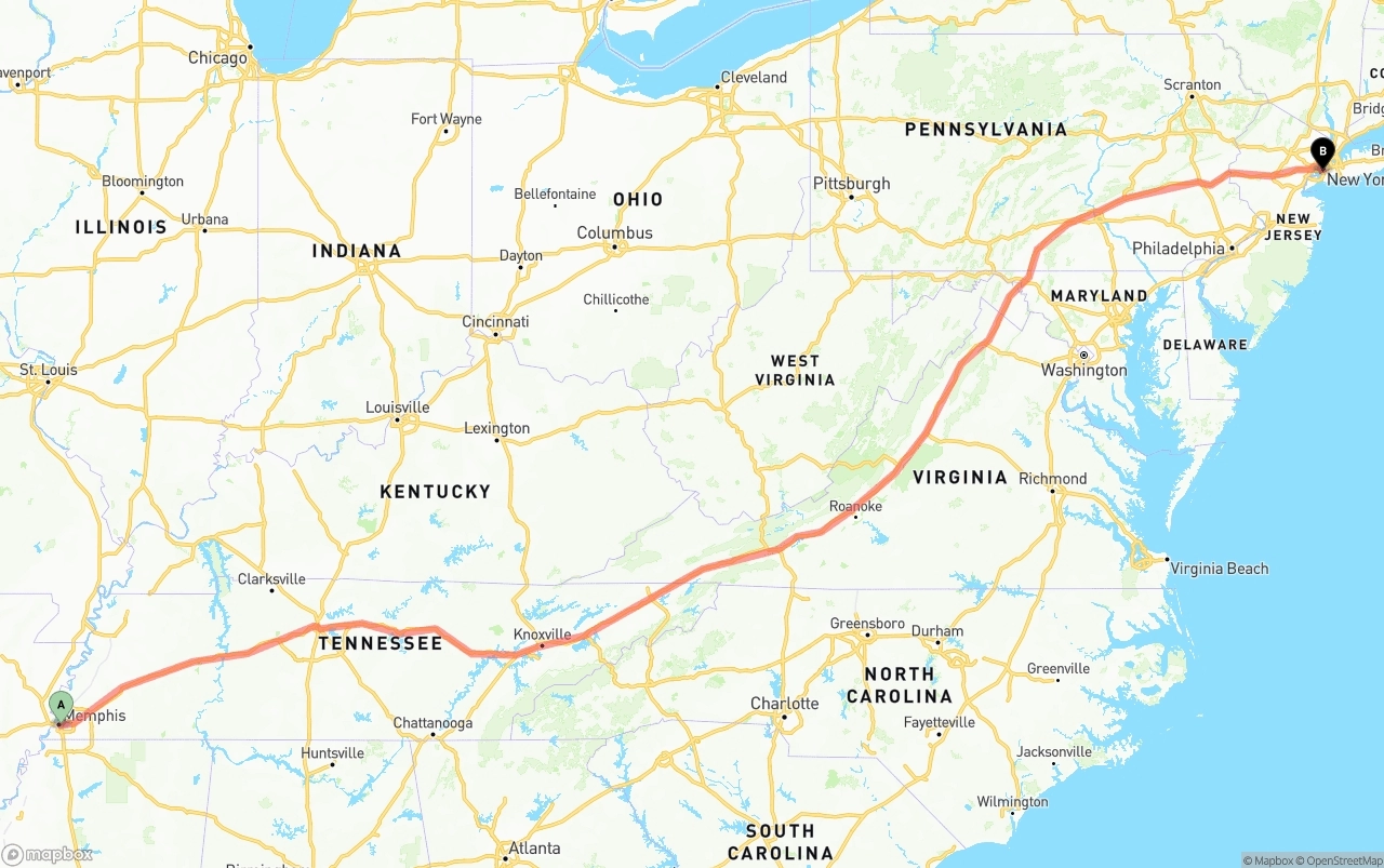 Shipping route from Memphis to Port of New York
