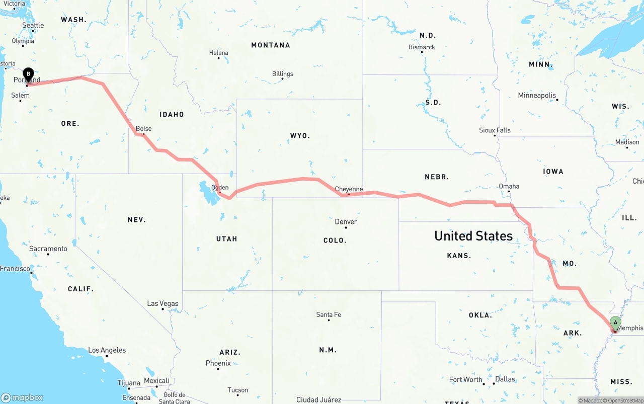 Shipping route from Memphis to Port of Portland