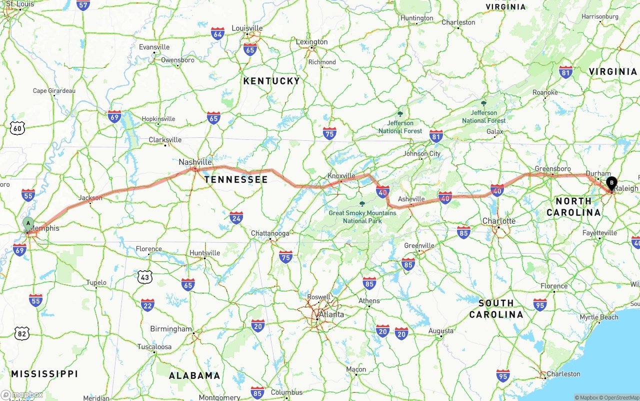 Shipping route from Memphis to Raleigh