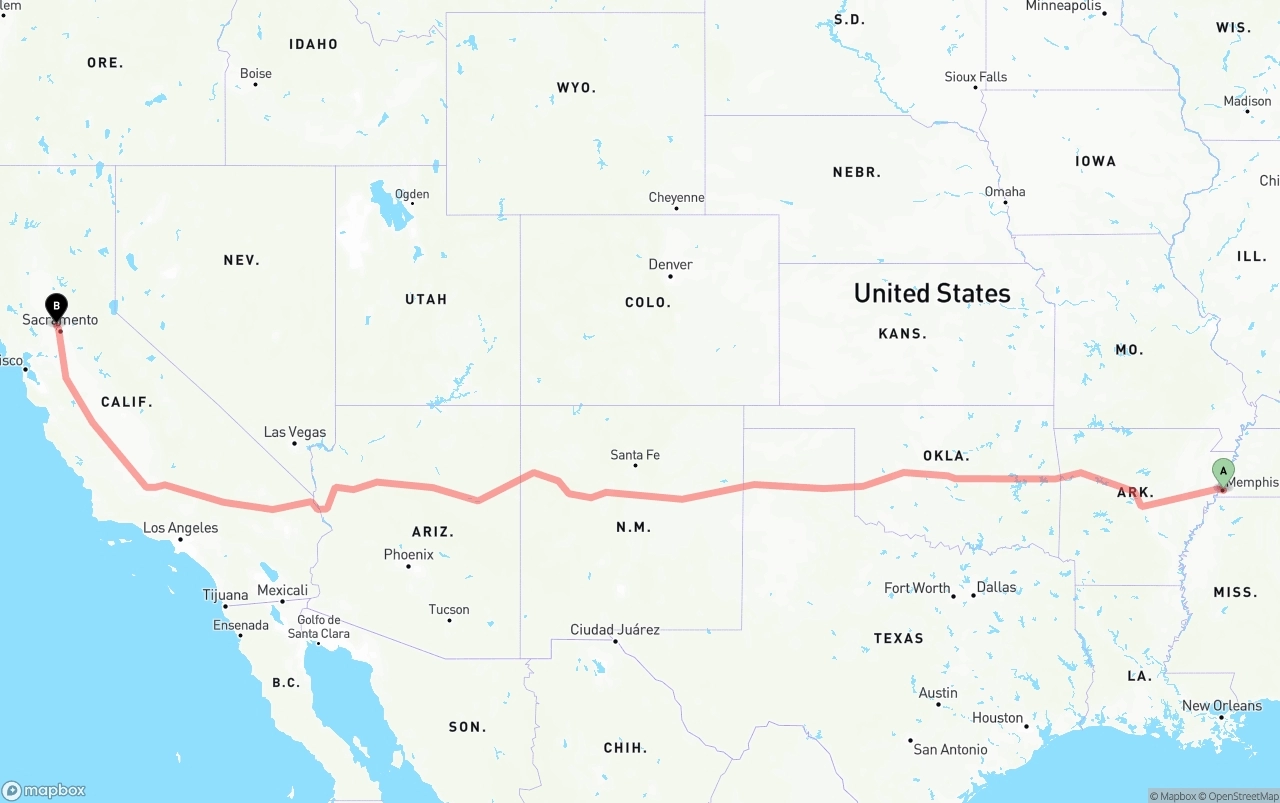 Shipping route from Memphis to Sacramento International Airport