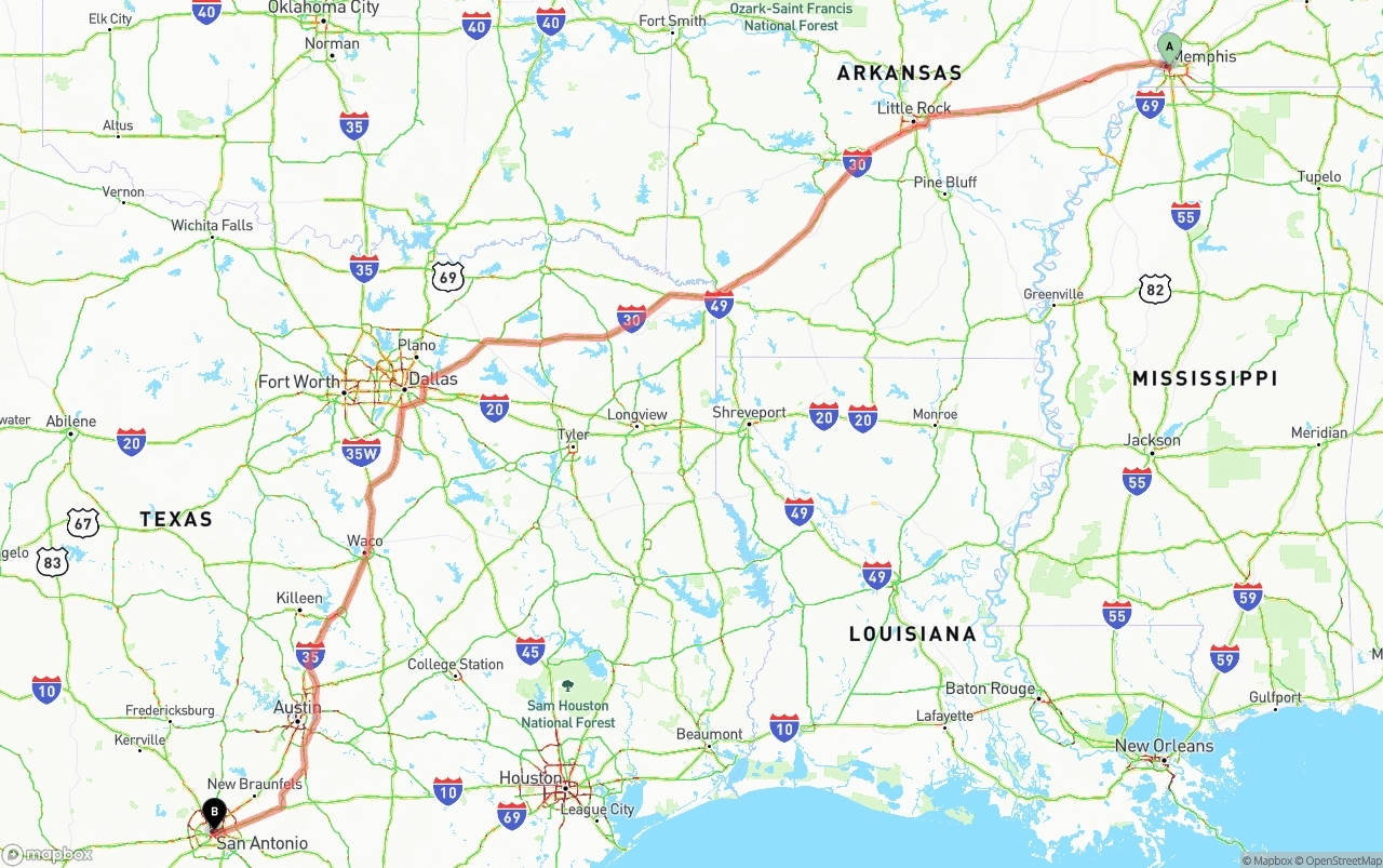 Shipping route from Memphis to San Antonio