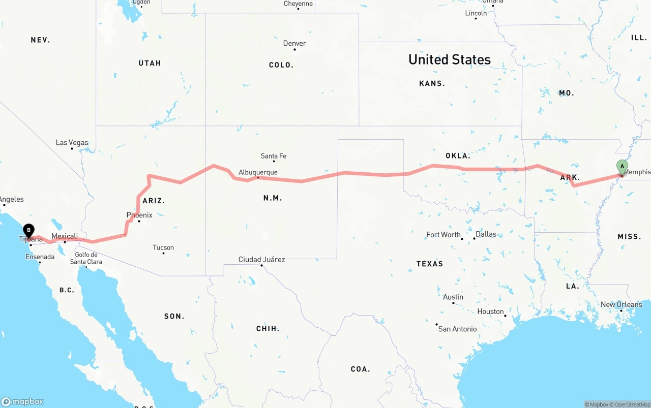Shipping route from Memphis to San Diego
