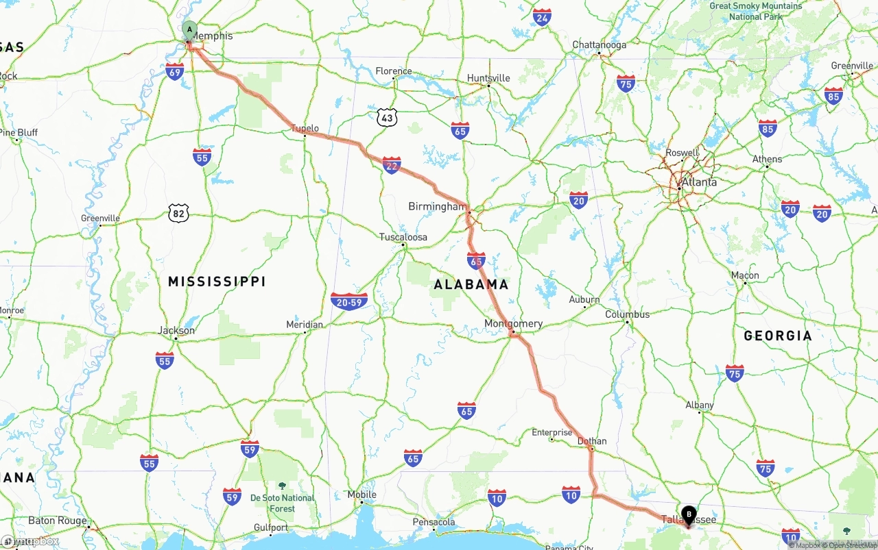 Shipping route from Memphis to Tallahassee