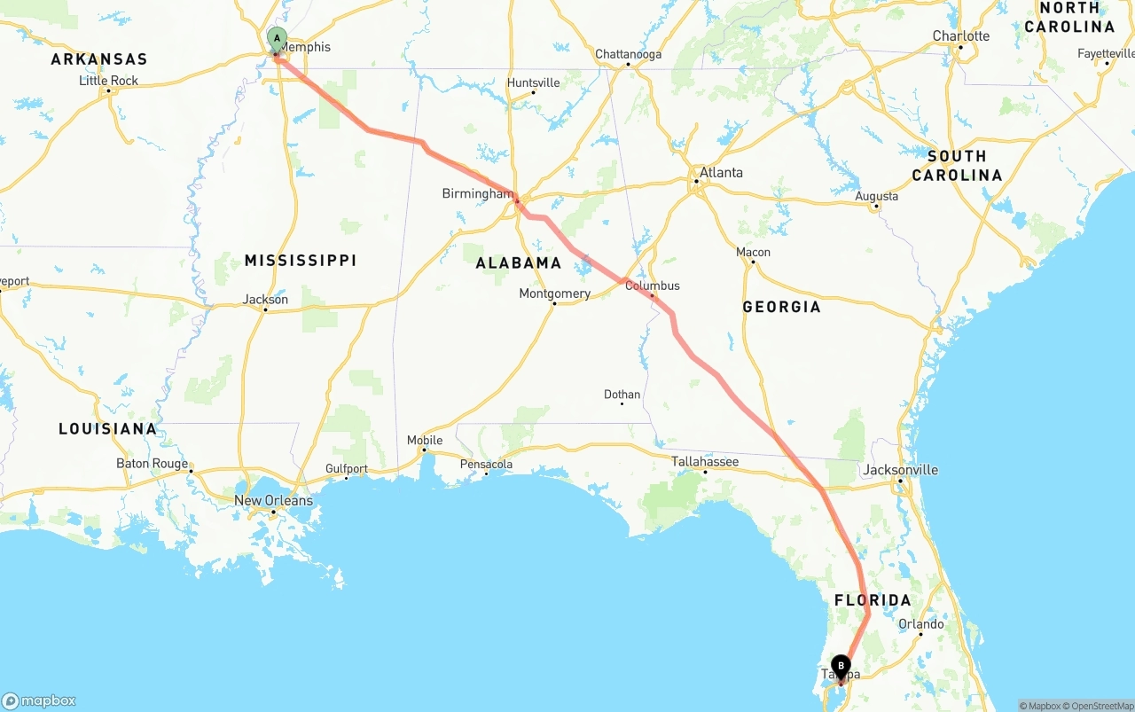 Shipping route from Memphis to Tampa