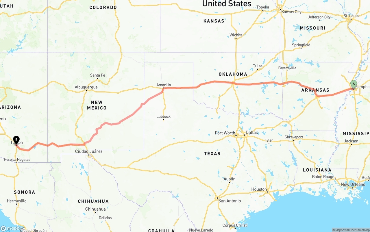 Shipping route from Memphis to Tucson